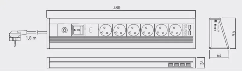 Indux Corner kotni in samostojni vtičnik iz aluminija s 6 vtičniki z ozemljitvijo in 6 USB-vtičniki 1208957851