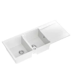 Quadri Luton vgradna dvojna granitna pomivalna korita bela z odcejalnim delom 116x50 cm z nerjavečim čepom 1208957882