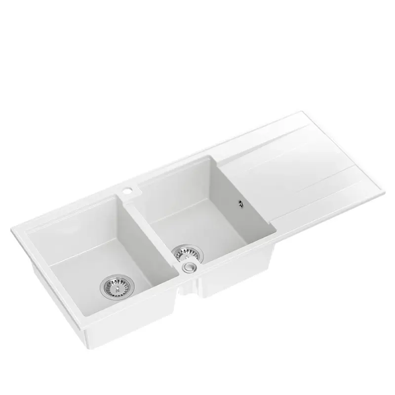 Quadri Luton vgradna dvojna granitna pomivalna korita bela z odcejalnim delom 116x50 cm z nerjavečim čepom 1208957882
