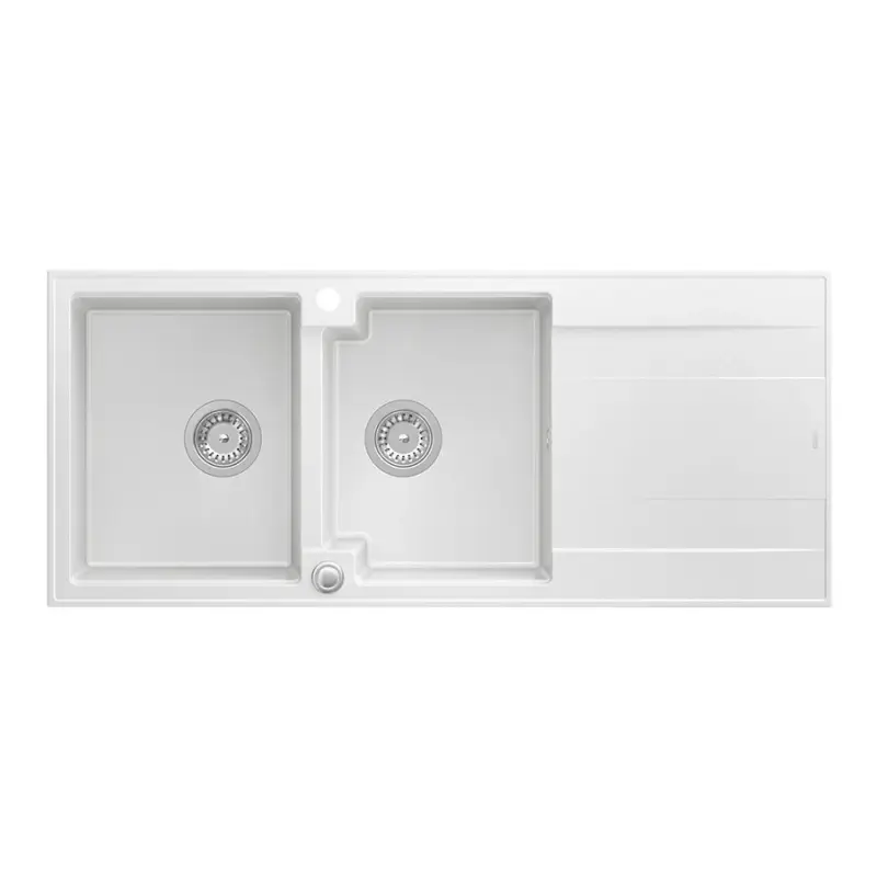 Quadri Luton vgradna dvojna granitna pomivalna korita bela z odcejalnim delom 116x50 cm z nerjavečim čepom 1208957882
