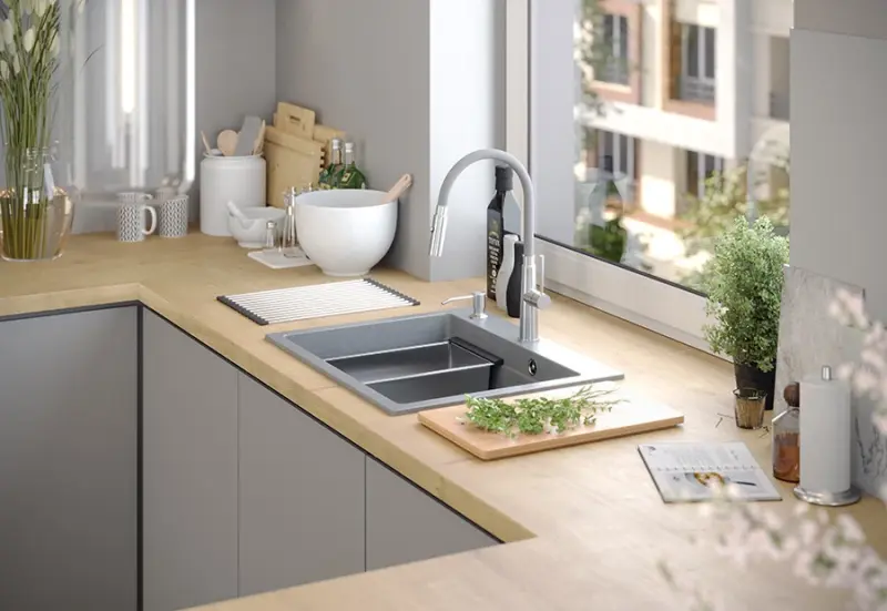 Quadri Durham beli granitni nadgradni pomivalno korito 595x500 z dozirnikom za milo, desko za rezanje, valjčno podlogo, vložnim koritom in valjčno podlogo 1208957903