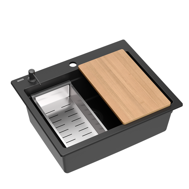 Quadri Durham črn granitni nadgradni umivalnik 595x500 z dozirnikom za milo, desko za rezanje, vložno posodo in valjčno podlogo 1208957904