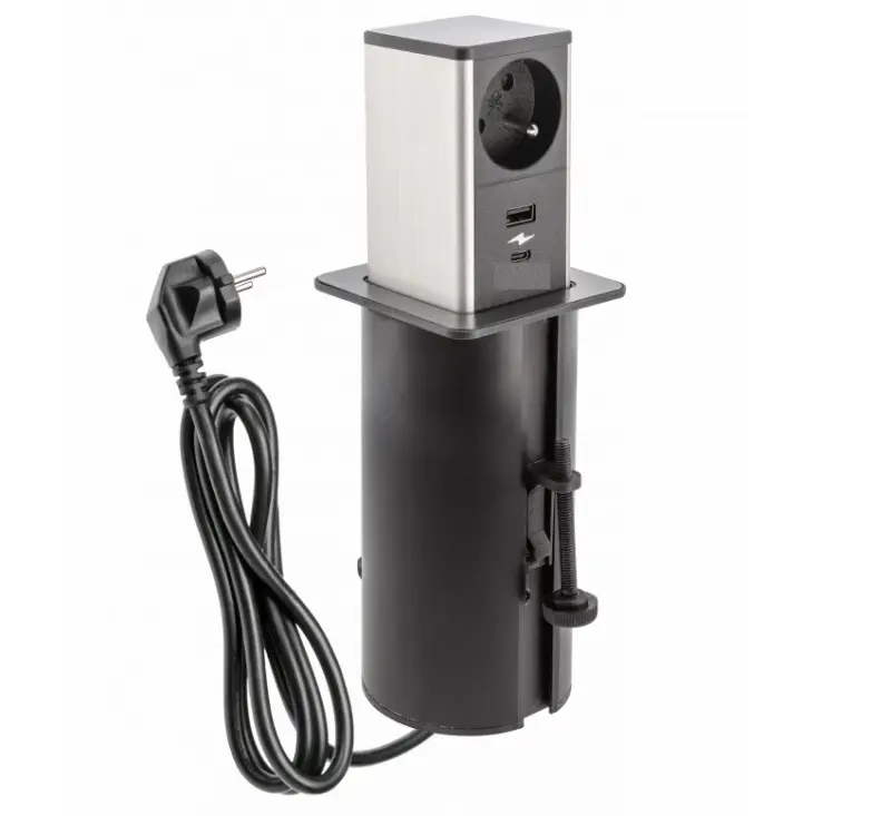 Indux Push raztegljivo črno zemeljsko vtičnico z 1xUSB A in 1xUSB C z RVS pokrovom 1208957928