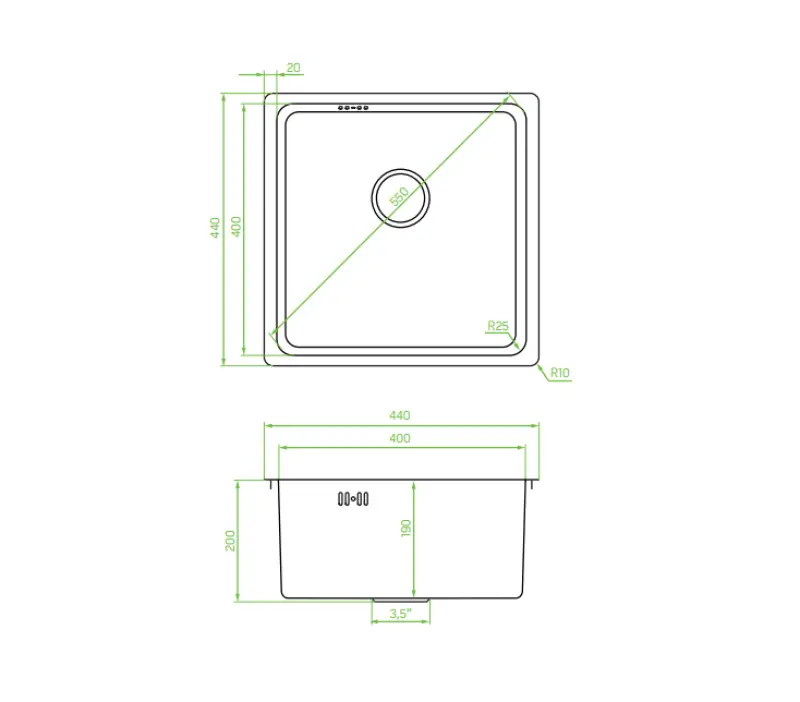 Aquadesign R25 jeklena nadgradna, podpultna in poravnana vgradna korito gun metal 40x40cm 1208958207