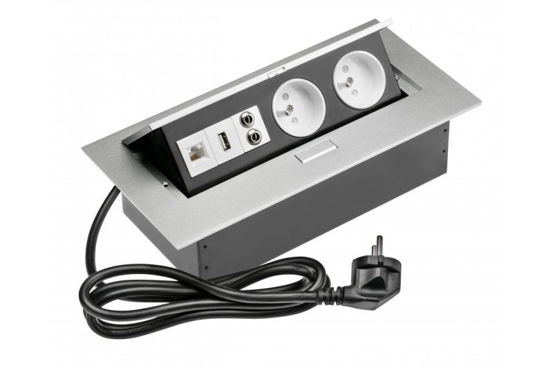Podaljšek za mizo 2x vtičnica z ozemljitvijo, gn. USB, avdio (banana), gn. RJ45, napajalni kabel z vtičem, alu 1208958677