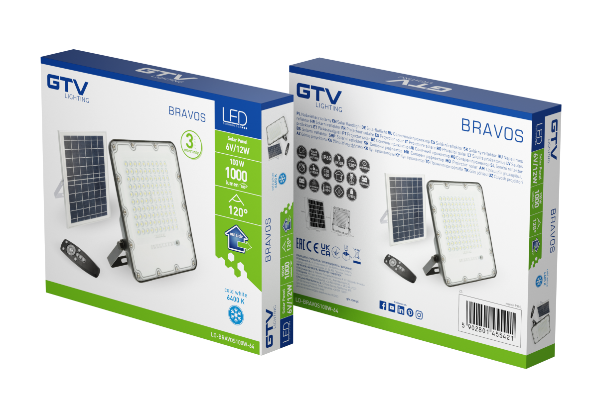 Sončna LED poplava BRAVOS, 100W, 1000lm, 6400K, IP65, 120°, sončni panel, daljinsko upravljanje, 3y 1208962681