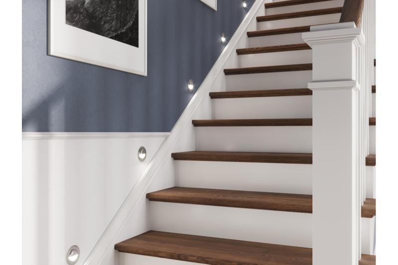 Decor LED stopniščna svetilka ESCADA OB DC12V okrogla mat steklena senčnica 0,8W 70lm 4000K inox kabel 150cm