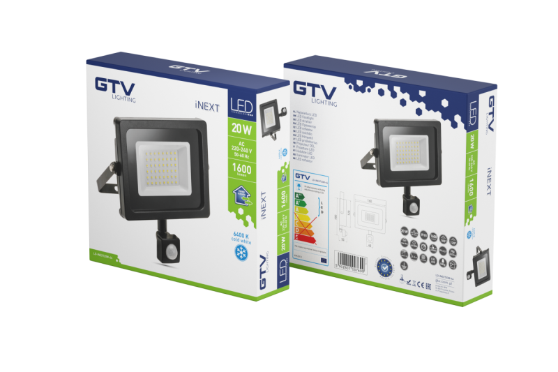 LED reflektor iNEXT s senzorjem gibanja 20 W 1600 lm, PF>0,9, RA>80, IP65, 120°, 6400 K, črno ohišje 1208962859