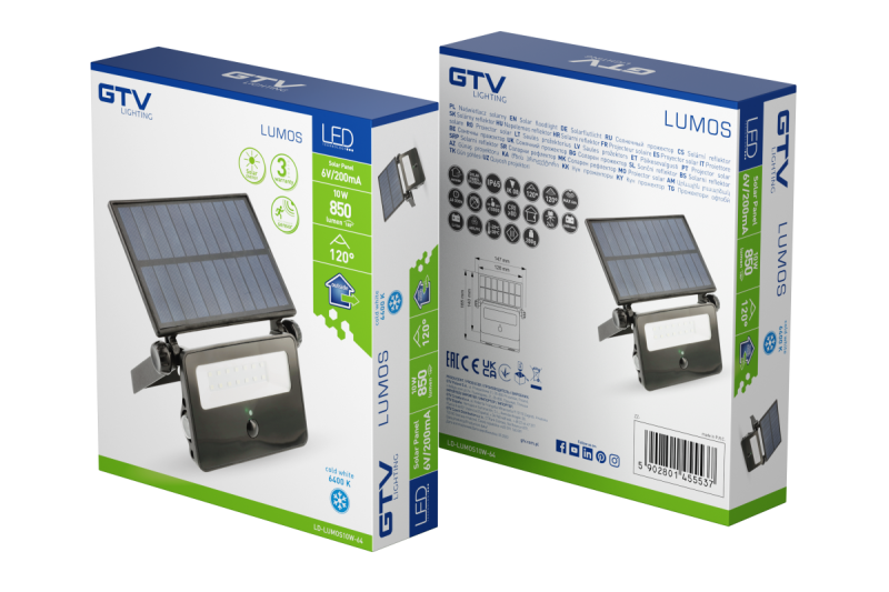 Solarni LED reflektor LUMOS, s senzorjem gibanja, 10W, 850lm, 6400K, IP65, 120°, solarni panel, 3 leta 1208962938