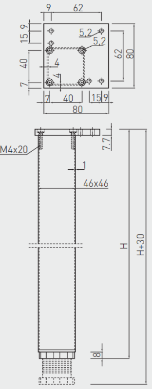 Kvadratna 46mm aluminijasta miza noga 71cm visoka + 3cm nastavljiva po višini 1208963487