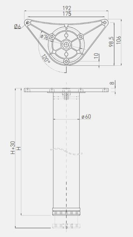 Okrogla noga za mizo, srebrna, višina 71 cm, nastavljiva za 3 cm, premer noge 6 cm 1208963585