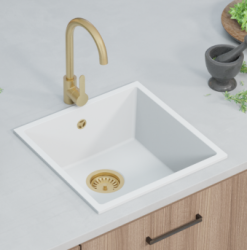 GraniteMy Universele granieten witte gootsteen 40x40 cm wit, geschikt voor opbouw, onderbouw en vlakbouw, met roestvrijstalen plug 1208966879