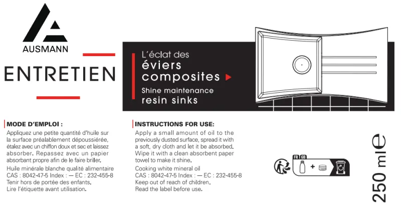 Ausmann vzdrževanje čistilno sredstvo olje za bio kompozit smola vlakna pomivalno korito 1208966925