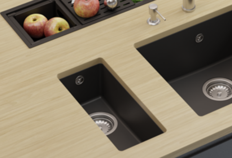 GraniteMy Universele granieten kleine zwarte spoelbak 17x40 cm zwart, opbouw, onderbouw en vlakbouw met rvs plug 1208967105