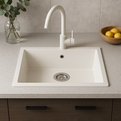 GraniteMy Universele granieten witte spoelbak 55x40 cm, bele barva za nadgradnjo, podgradnjo in vgradnjo s čepom iz nerjavečega jekla 1208967109.
