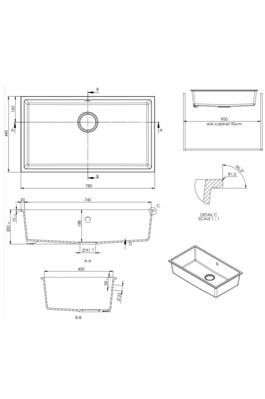GraniteMy Universele grote witte granieten spoelbak 74x40 cm wit, opbouw, onderbouw en vlakbouw met RVS plug 1208967111