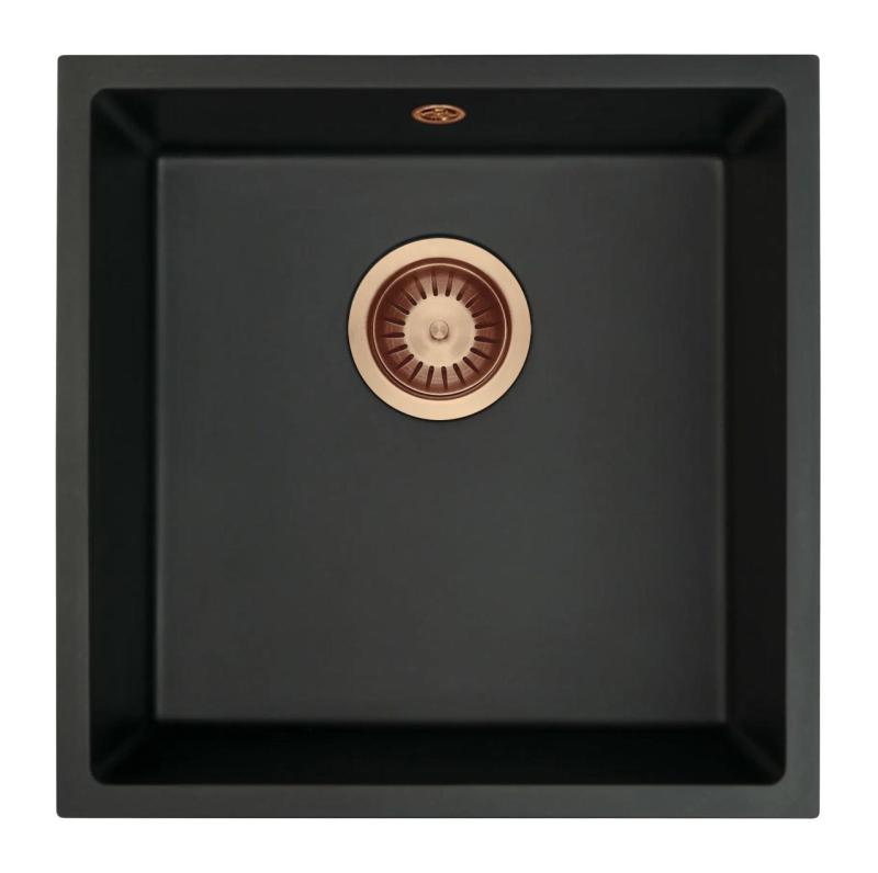 GraniteMy Universele granieten zwarte spoelbak 40x40 cm zwart opbouw onderbouw en vlakbouw met koperen plug 1208967114