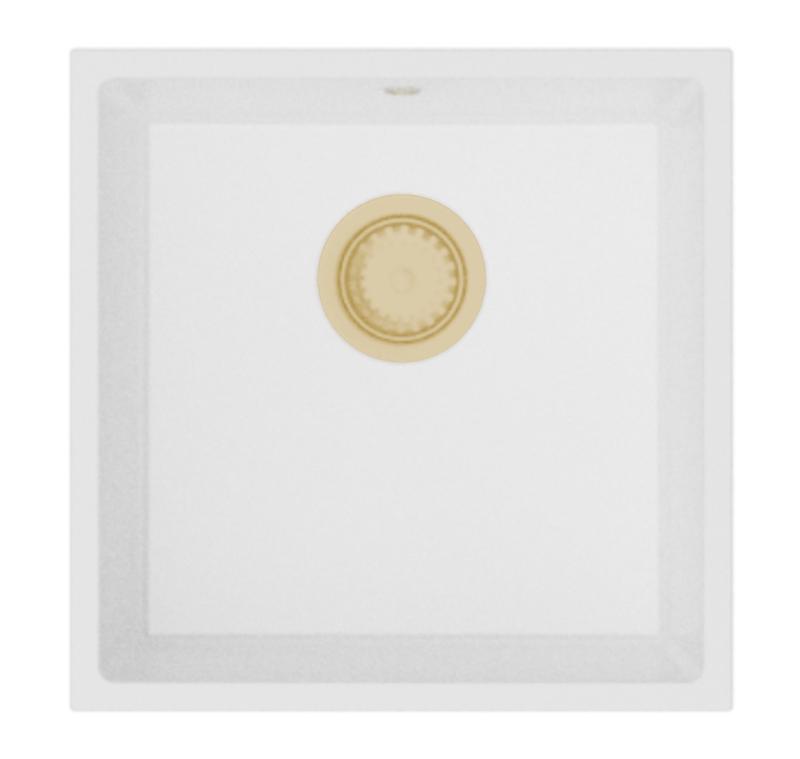 GraniteMy Universele granieten witte spoelbak 40x40 cm, bela, za vgradnjo nad pultom, pod pultom in poravnano z zlatim čepom 1208967127