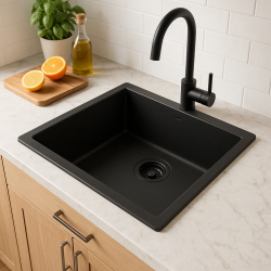 GraniteMy Universele granieten zwarte spoelbak 50x40 cm zwart opbouw, onderbouw en vlakbouw met zwarte plug 1208967129