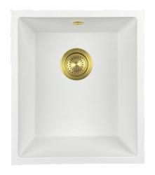 GraniteMy Universele witte granieten spoelbak 34x40 cm, wit, opbouw, onderbouw en vlakbouw, met gouden plug 1208967149