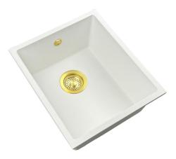 GraniteMy Universele witte granieten spoelbak 34x40 cm, wit, opbouw, onderbouw en vlakbouw, met gouden plug 1208967149