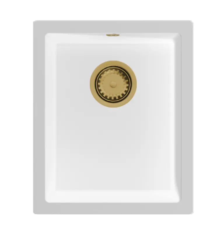 GraniteMy Universele witte granieten spoelbak 34x40 cm, wit, opbouw, onderbouw en vlakbouw, met gouden plug 1208967149
