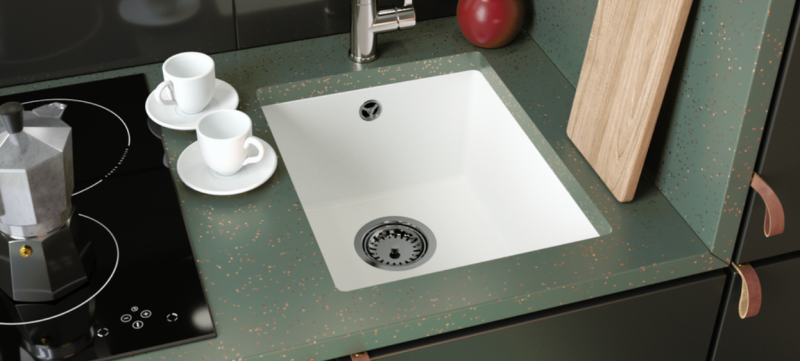 GraniteMy Universele witte granieten spoelbak 34x40 cm, wit, opbouw, onderbouw en vlakbouw, met gouden plug 1208967149