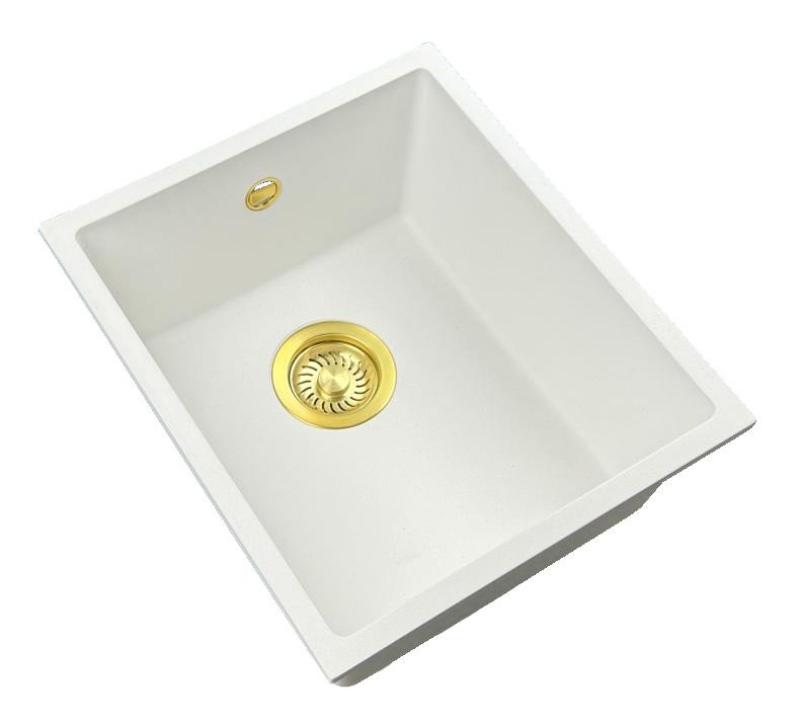 GraniteMy Universele witte granieten spoelbak 34x40 cm, wit, opbouw, onderbouw en vlakbouw, met gouden plug 1208967149