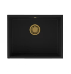 GraniteMy Universele granieten zwarte spoelbak 55x40 cm črna nadgradna, podgradna in ravna vgradnja z zlatim čepom 1208967151