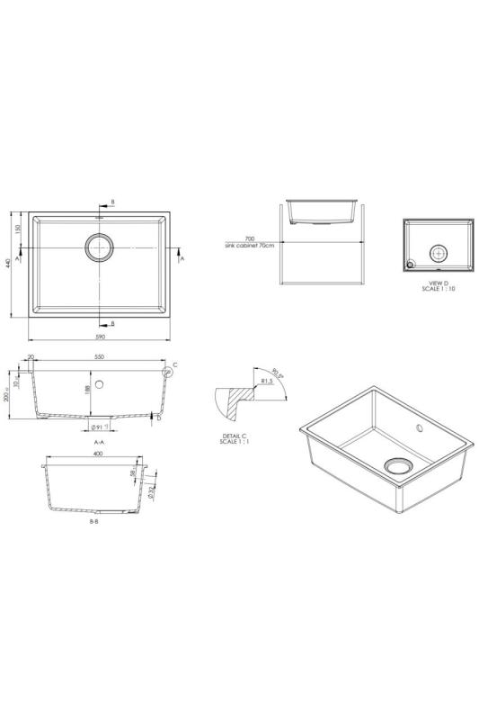 GraniteMy Universele granieten witte spoelbak 55x40 cm, opbouw, onderbouw en vlakbouw, z črnim čepom 1208967154
