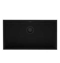 GraniteMy Universele grote zwarte granieten spoelbak 74x40 cm opbouw onderbouw en vlakbouw met zwarte plug 1208967157