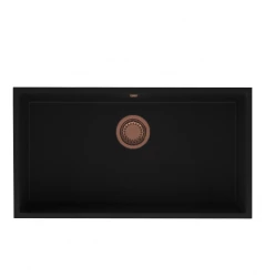 GraniteMy Universele grote zwarte granieten spoelbak 74x40 cm voor opbouw, onderbouw en vlakbouw met koperen plug 1208967158