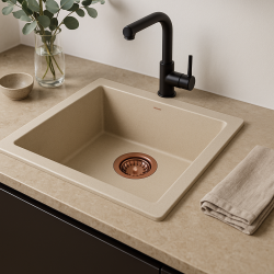GraniteMy Universele granieten beige zand spoelbak 40x40 cm opbouw, onderbouw in ravna vgradnja s bakrenim zamaškom 1208967210