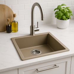 GraniteMy Universele granieten taupe spoelbak 40x40 cm opbouw, onderbouw en vlakbouw met rvs plug 1208967211
