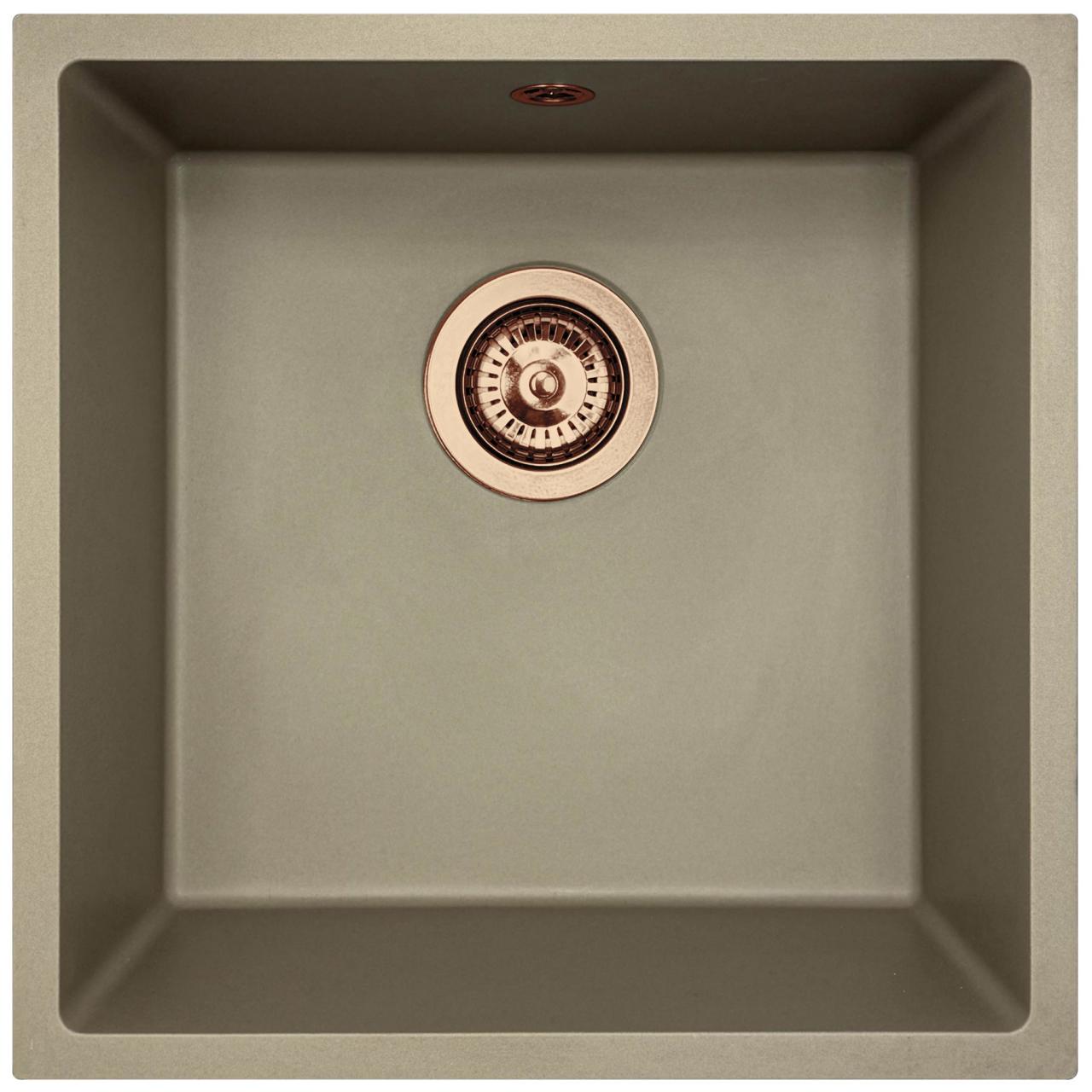 GraniteMy Universele granieten taupe spoelbak 40x40 cm voor opbouw, onderbouw en vlakbouw met koper plug 1208967214