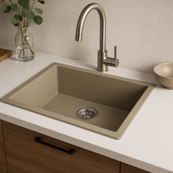 GraniteMy Universele granieten taupe spoelbak 50x40 cm opbouw, onderbouw en vlakbouw met inox plug 1208967223