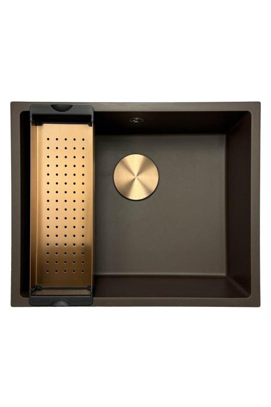 GraniteMy Universele granieten cafésgootsteen 50x40 cm voor opbouw, onderbouw en vlakbouw met koperen plug 1208967229