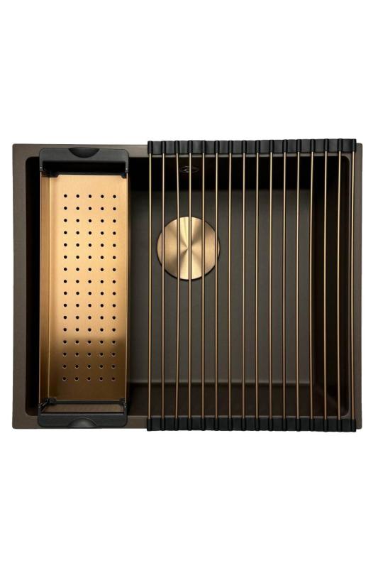 GraniteMy Universele granieten cafésgootsteen 50x40 cm voor opbouw, onderbouw en vlakbouw met koperen plug 1208967229