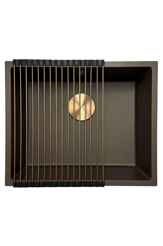 GraniteMy Universele granieten cafésgootsteen 50x40 cm voor opbouw, onderbouw en vlakbouw met koperen plug 1208967229