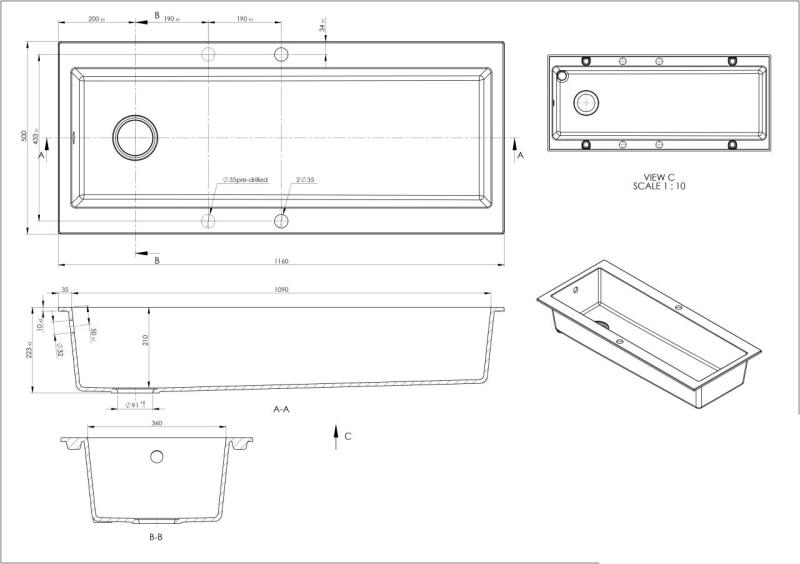 GraniteMy Trog granitna zelo velika črna pomivalna korita 116x50 cm črna nadgradnja z odprtino za pipo z bakrenim čepom 1208967238