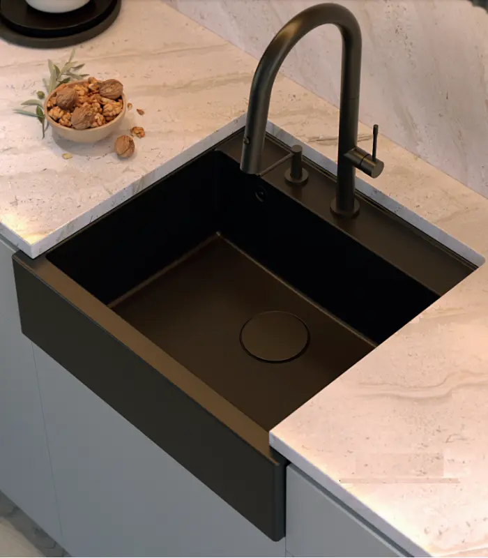 Quadri Farmhouse rustieke inbouw of opbouw granieten spoelbak antraciet met gouden plug 595x540mm 1208967267