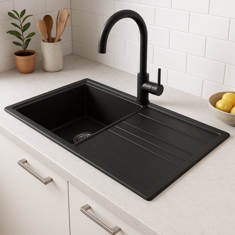 GraniteMy Vesi granitni nadgradni črni umivalnik 86x50cm z odcejanjem, preobratno s kovinskim zamaškom 1208967279