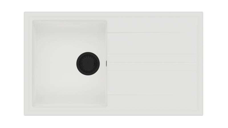 GraniteMy Vesi ekstra plitka granitna nadgradna bela pomivalno korito 86x50cm z odcejalnikom, obojestranska, s črnim zamaškom 1208967292