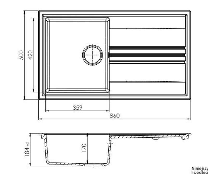 GraniteMy Vesi ekstra plitka granitna nadgradna bela pomivalno korito 86x50cm z odcejalnikom, obojestranska, s črnim zamaškom 1208967292