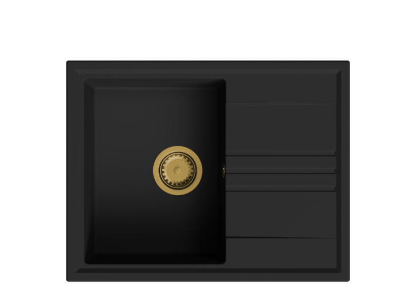 GraniteMy Vgradnja granitnega črnega pomivalnega korita 64x50cm z odlagalnim mestom, obrnljivo z zlatim zamaškom 1208967296