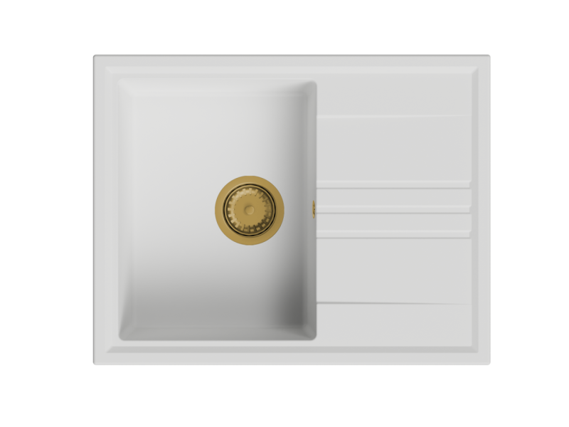 GraniteMy Vesi granitna nadgradnja belo pomivalno korito 64x50cm z odcejevalnikom, preobrnjena z zlatim (krtačenim medeninastim) čepom 1208967300
