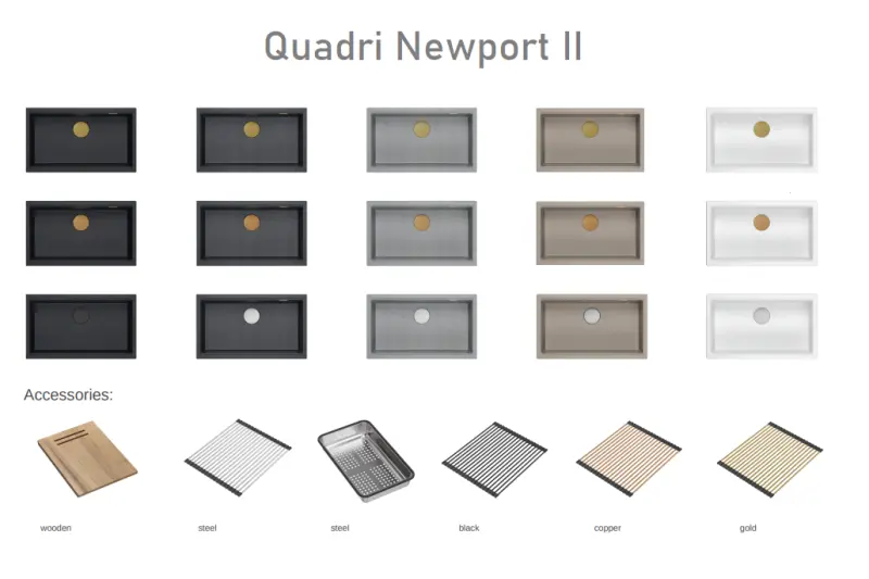 Quadri Newport II grote en diepe spoelbak graniet opbouw en onderbouw wit spoelbak 76x45cm met gouden plug 1208967305