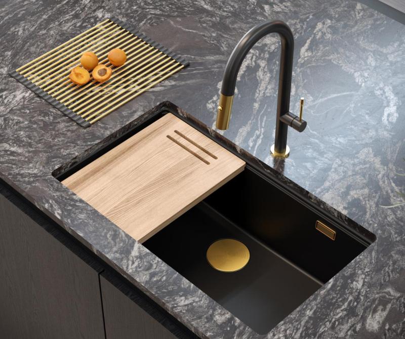 Quadri Newport II velika in globoka granitna pomivalno korito za zgornjo in spodnjo montažo črne barve 76x45cm z zlato odtočno zaporko 1208967307