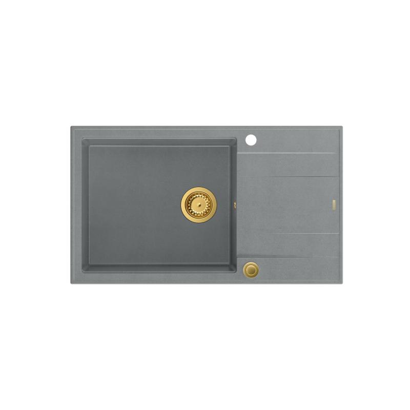 Quadri Luton siva granitna velika vgradna pomivalna korita z odcejalnikom, obojestranska 86x50 cm z zlato odtočno cevjo 1208967332