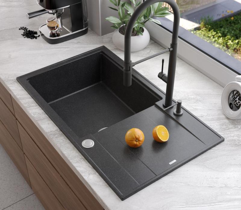 Quadri Luton antracitna granitna velika vgradna pomivalna korita z odcejalno površino, obojestranska, 86x50 cm, z inox čepom 1208967333